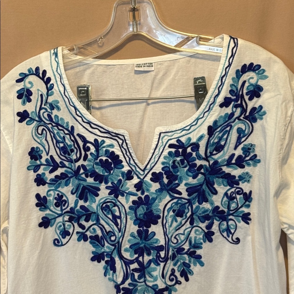 White Tunic with Blue Embroidery - Picture 2 of 6